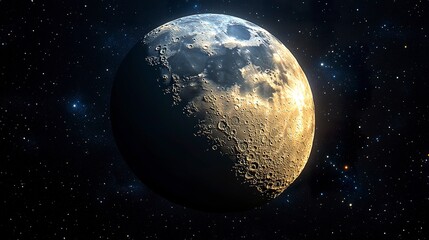 Fototapeta premium Detailed waxing crescent moon phase with visible craters on black space background 