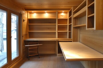 
A small multipurpose room featuring a fold-out bed, built-in desk, and shelving units, designed for space efficiency and modern functionality in a compact space
