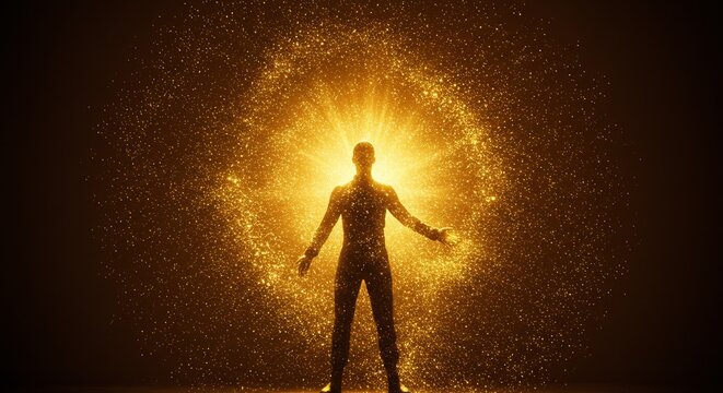 Golden aura: a silhouette figure immersed in radiant light with shimmering particles
