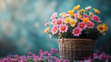 Easter or spring decoration with floral basket on vibrant background  