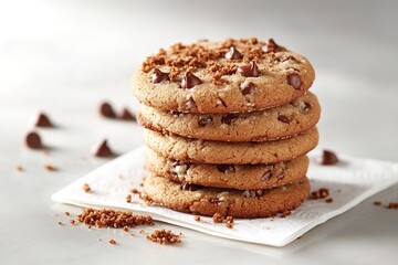 A stack of delicious chocolate chip cookies on a napkin, with crumbs scattered for added detail, presented in a bright and clean aesthetic