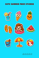 Cute Summer Sticker Pack with Kawaii Girl, Beach, Fruits, and Fun Icons