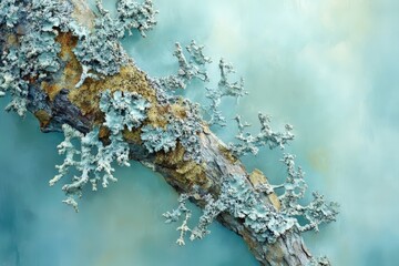 Delicate lichen adorns a weathered log against a teal backdrop.