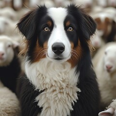 Shepherd dog amidst sheep, focused gaze