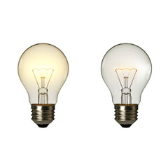 Two classic incandescent light bulbs, one glowing and one off, side by side isolated on white background, symbolizing ideas, energy, and innovation.

