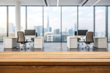 Modern office interior with wooden desk and computer workstation facing large glass windows overlooking the city skyline in a contemporary corporate workspace setting