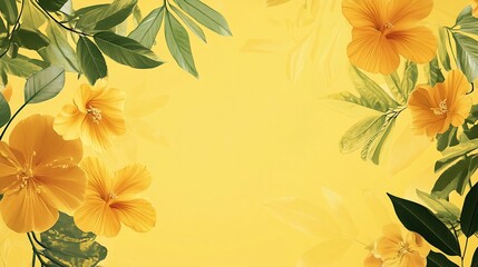Obraz premium Yellow Hibiscus Flowers and Green Leaves on Yellow Background