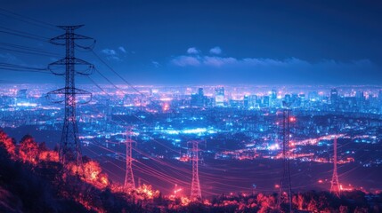 Fototapeta premium A glowing city skyline at night powered by electricity, with visible grids and electric towers in the distance