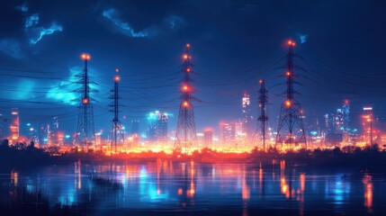 Fototapeta premium A glowing city skyline at night powered by electricity, with visible grids and electric towers in the distance