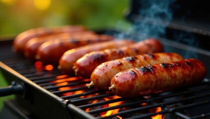 Sizzling sausages on hot grill, summer BBQ feast , juicy, delicious meal