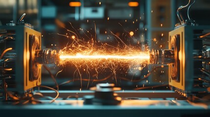 Spark of electricity jumping between two metal rods in a laboratory setting, surrounded by coils and circuits