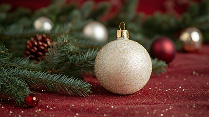 Elegant Christmas composition with fir tree branches and glittering ornaments on red paper background  