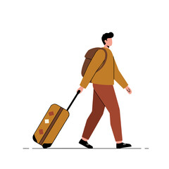 Man with backpack walking and pulling luggage, person with a suitcase vector art, flat colorful illustration - Travel Journey, Airport Transit, Tourist Concept 