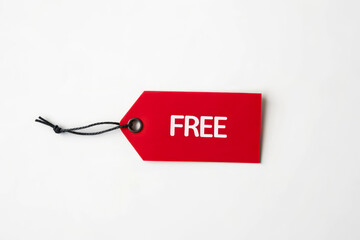 Red free tag label with black string on white background used for marketing promotion discount sale offer and advertising shopping concept