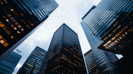 Skyscrapers reaching towards a cloudy sky, featuring architectural details and illuminated windows at dusk