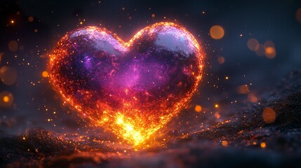 Obraz premium Elegant glowing heart design with vibrant purple tones, golden accents, and shimmering particles 