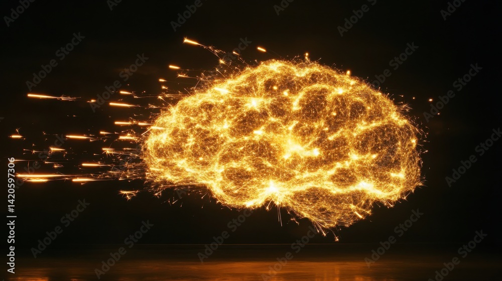 Poster illuminated neural network shaped like a brain with sparks of electricity firing at each node