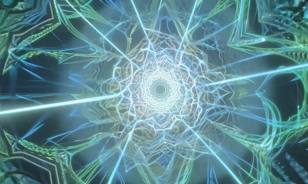 Produce a slow zoom through layers of semi-transparent, multicolored fractals with ethereal lighting and depth