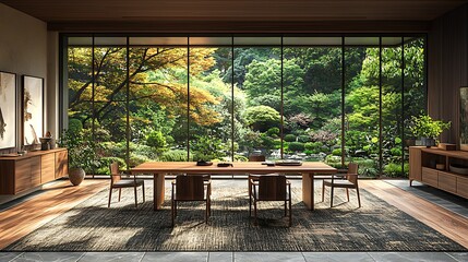 Elegant dining room with natural light and garden view