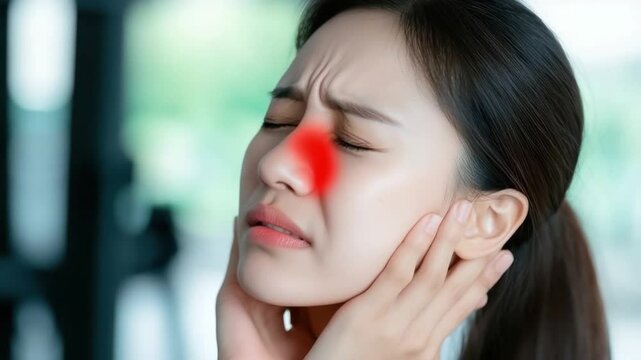 Woman With Facial Pain Touching Nose Suffering From Health Issues