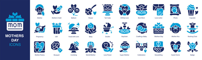 Mothers Day icon set. Containing Mother, Gift, Love Letter, Baby, Best Mom, and Cradling a Baby and more. Solid vector icons collection. Vector illustration.
