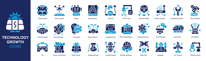 Technology Growth icon set. Containing Tech Growth, Robot, Chat AI, Programming, DNA Edit, and Cloud Computing and more. Solid vector icons collection. Vector illustration.
