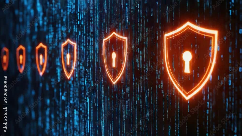 Poster digital security concept with shields and binary code background