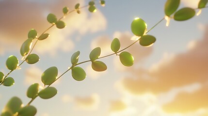 A close-up of a vine with green leaves against a sunset sky.