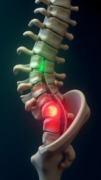 L5-S1 transition glowing emerald/ruby with stability structures. Ideal for back pain studies.