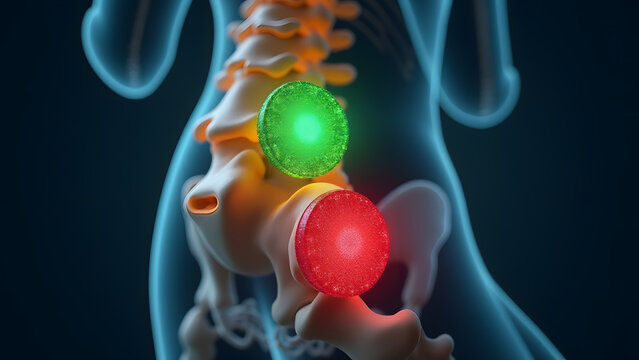 L5-S1 transition glowing emerald/ruby with stability structures. Ideal for back pain studies.