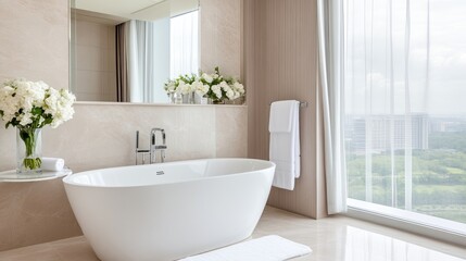 Modern luxury bathroom with city views