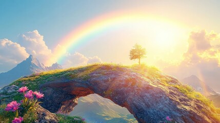 Mountaintop archway, rainbow, sunrise