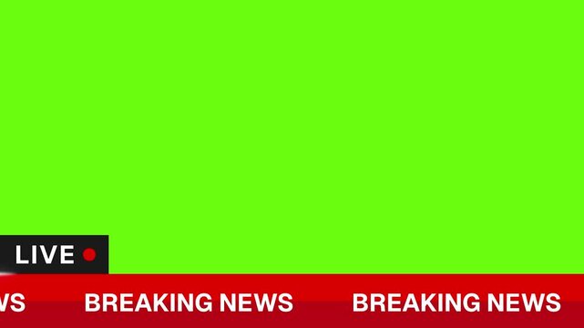 Breaking News Animation Template with Live Broadcast Tag and Red Ticker Bar on Green Screen Background, Real-Time News Bulletin Overlay Design for TV Channels