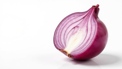 Fototapeta premium Half red onion, cut side visible, white background, close-up, white backdrop, vibrant