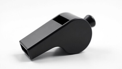 Classic black plastic whistle, clean white backdrop , macro, clipart