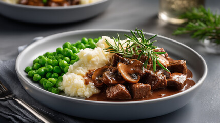 Portion of beef stroganoff served on a modern plate with mashed potatoes and green peas, natural light and balanced composition