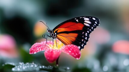 Fototapeta premium Vibrant butterfly on dew-kissed flower