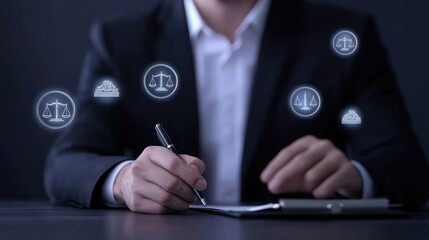 Businessperson writing legal document.  Various legal icons surround the hands