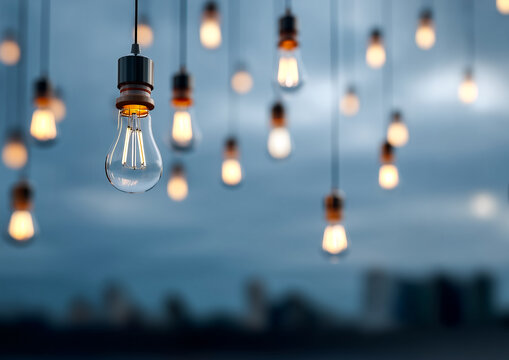 Creative composition of suspended glowing light bulbs - Powered by Adobe