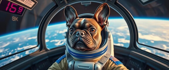 French bulldog in spacesuit, spaceship cockpit, Earth view, spaceship, dog