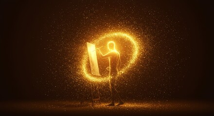 Golden aura surrounds a radiant painter silhouette creating artistic masterpieces