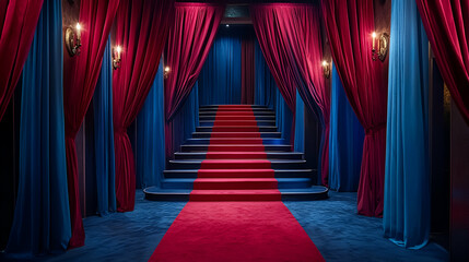 Red carpet stairs, velvet curtains, movie premiere