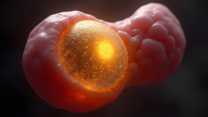 A testicular cancer mass glowing platinum/gold. Perfect for young adult oncology education.
