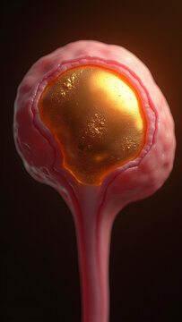 A testicular cancer mass glowing platinum/gold. Perfect for young adult oncology education.