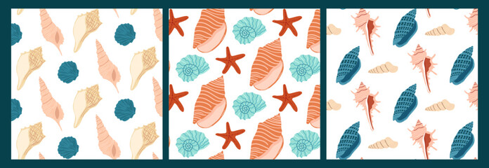 Colorful marine patterns showcasing various shells and starfish designs