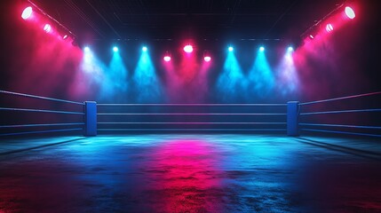Empty Boxing Ring with Neon Lights: Dramatic Sports Arena
