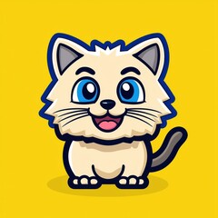 Cartoon cat with blue eyes and pink tongue smiling on bright yellow background