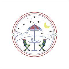 Whimsical Outdoor Café Scene with Stars, Moon, and Umbrella Table