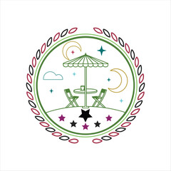 Whimsical Outdoor Café Scene with Stars, Moon, and Umbrella Table