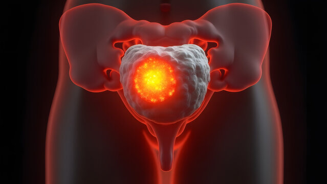 An anal cancer tumor glowing gray/orange. Perfect for colorectal oncology.